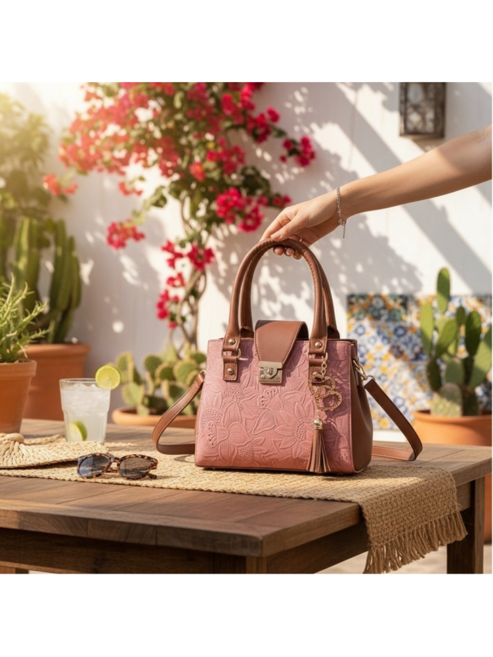 Dusty Rose Pink Tasseled Floral Embossed Tooled Artisan LEATHER Crossbody Purse
